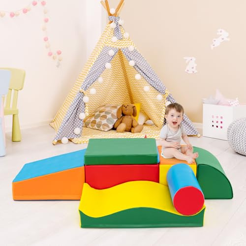 RELAX4LIFE Set di Blocchi Morbidi per Bambini, Blocchi da Costruzione in Schiuma, Set di 7 Blocchi con Diverse Forme e Colori, Giocattoli Educativi, Copertura Impermeabile, per Casa, Scuola e Asilo