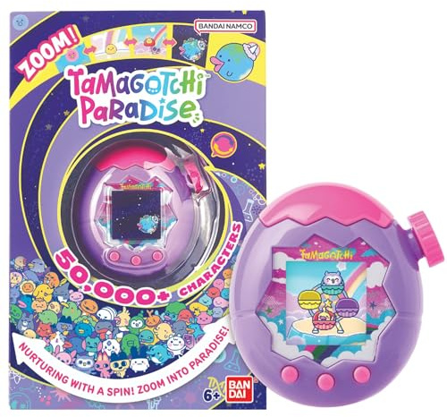 Bandai - Tamagotchi Paradise Himmel - Virtuelles Haustier zum Aufziehen - Tamagotchi mit Zoom-Drehrad - Interaktives Spielzeug auf Deutsch - Modell Himmel in Violett und Rosa - 43423