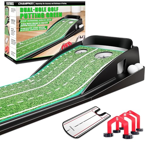 CHAMPKEY Golf Putting Mat Professional Dual-Hole Golf Putting Green with Gates and Mirror - Enhance Your Putting Game on All Skill Levels (Green)