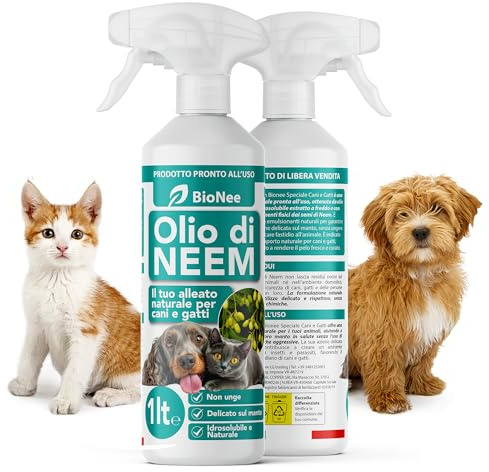 Aceite de nim para perros y gatos en spray, 1 l, hidrosoluble, natural, no graso, acción suave, efecto barrera no deseado para garrapatas, pulgas, mosquitos e insectos