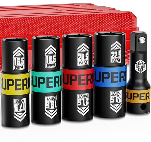 KIRXST 1/2 Drive Lug Nut Impact Socket Set, 5pc Flip Socket Set 16.5-24.5mm, Wheel Nut Sockets with 3 Extension Bar for Car, Van, 4x4 Wheel Nut Removal, Tyre Change & Brake Repair