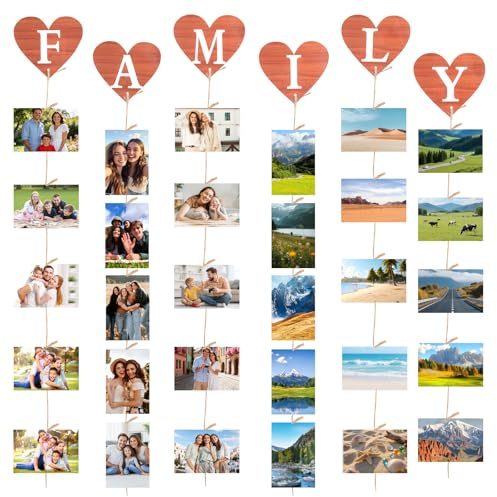 Juego de 6 marcos de fotos para collage: pared de fotos con pinzas y cuerda, juego de marcos, guirnalda de fotos de PVC con pinzas de madera y cordel de yute para decorar paredes de salas de estar