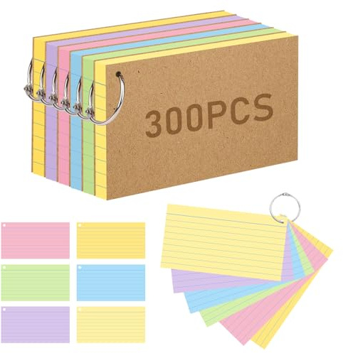 300 Flash Cards with Rings, Index Cards Revision Cue Cards, Notecard | 6 Colors, with Kraft Paper Sheets, Double-Sided Writing, Ruled Lines, for School Notes, Office Records, Task Lists, Review