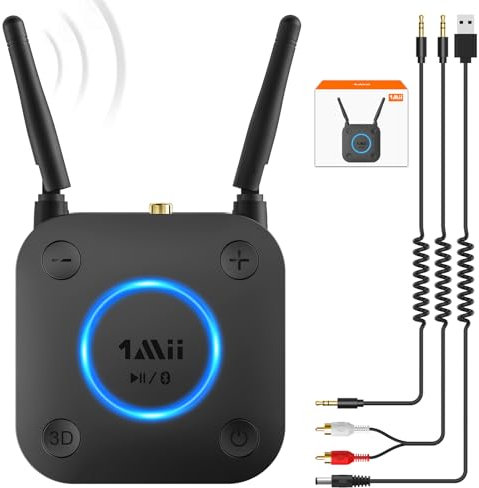 1Mii Receptor Bluetooth 5.1 HiFi, Adaptador Audio Bluetooth Control Volumen, Salida Óptica AUX 3.5mm, Coaxial, 3D Surround con aptX LL de Baja Latencia para Altavoces, Estéreo Hogar, Largo Alcance