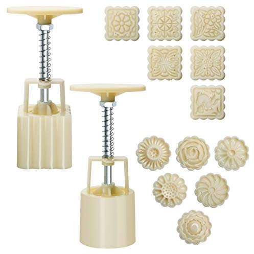 Luxiv Mondkuchenform 50 g 12 Stück Muster Handdruck Mooncake Formen für Mitte Herbst DIY Gebäck Werkzeug 2 Sets mit 6 runden Blumen Mooncake Modus und 6 quadratischen Muster Mooncake Form (weiß 50 g)