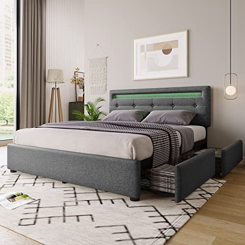 Merax Polsterbett 140x200cm mit LED-Beleuchtung und 4 Schubladen, Doppelbett Bettgestell mit Lattenrost und Höhenverstellbarem Kopfteil, Leinenmaterial, Jugendbett, Grau, ohne Matratze