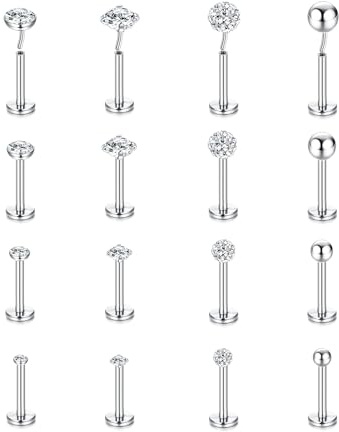 MILACOLATO 16G Piercing Labret Labio Acero Inoxidable Clear CZ Bola Redonda Labio Medusa Nariz Piercing Joyas Plata Oro Piercing Oreja Cartílago Tragus Pendientes para Mujer Hombre 16Piezas S8mm