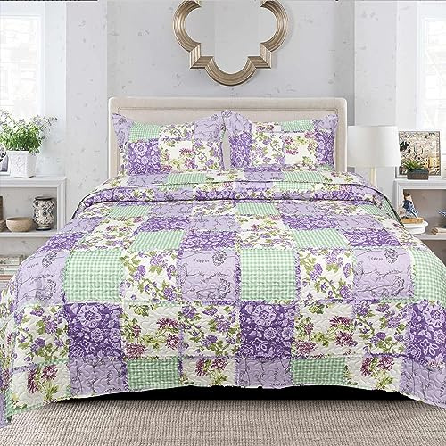 PHP Patchwork Bedspread Box Pattern 100% Cotton Filling Reversible Quilted Throw For Bedroom Decor - Warm Quilt Coverlets Blankets Bedspread with Pillow Case (Blossom Rose - Des 4, King)