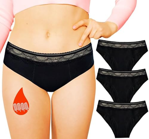Lot de 3 Culottes Menstruelles Flux Très Abondant - Sous-vêtement Hygiénique en Coton Bio- 4 Couches de Protection Absorbante -Culotte Anti Fuite Urinaire et Incontinence- Culotte de Règle Lavable - M
