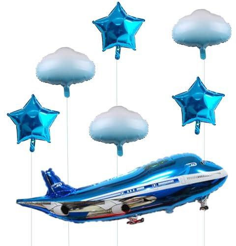 Flugzeug Luftballon Set 7 Stück Folienballon Airplane Stern Wolken Ballons Blau Geburtstagsluftballons für Junge Geburtstagsdeko, Flugzeuge Thema Party