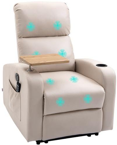 HOMCOM Poltrona Relax Elettrica, Poltrona Massaggiante Reclinabile con Portabicchieri, Telecomando, Poggiapiedi, Timer, Tavolino Girevole e Tasche Laterali, in Microfibra, Legno e Acciaio, Beige