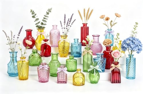 24 mini knopp vas glas set som bröllop mittstycken för bord, klara vintagevaser för blommor, små blomvaser lämpliga för bordsdekoration, födelsedagsfest, bröllop, babyshower (24, färgglad)