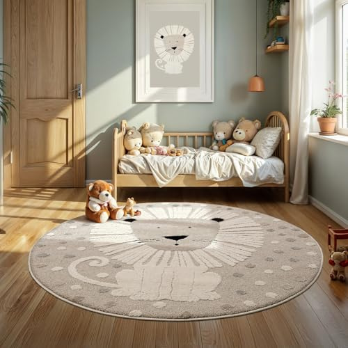 the carpet Jungle Kids - Rug for children’s room, kids’ rug, 3D effect, easy to care for, durable, Lion, 120 cm Round