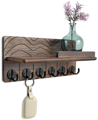 Qriosidy Key Holder Wall Decor-11.8 Solid Ash Wood Entryway Organizer with 6 Hooks & Extra Deep Storage Rack for Key, Mail, Wallet, Leash, Glasses, Hand-Polished & Stained, Easy-Assembly