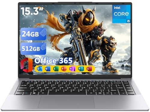 Upbud Ordinateur Portable15,3 Core i5 (Jusqu'à 3,6 GHz),Win 11 pro24 Go RAM/512 Go SSD, PC Portable, Écran 1920x1200 100% sRGB avec HDMI et USB-A, Autonomie Prolongée, Office Suite Inclus