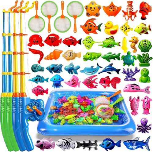 XXXL Juego de Pesca Magnético 56 Pcs con 4 Cañas de Pescar y Piscina - Juguete de Agua para 4 Niños Set de Vacaciones - Ideal para Playa, Camping y Jardín - Set Completo Exterior