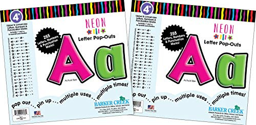 Barker Creek Letter Pop-Outs, 4 Neon, 2 Pack, Multicolor Designer Letters for Bulletin Boards, Breakrooms, Reception Areas, Signs, Displays, and More! 4, 510 Characters per Set (3628)
