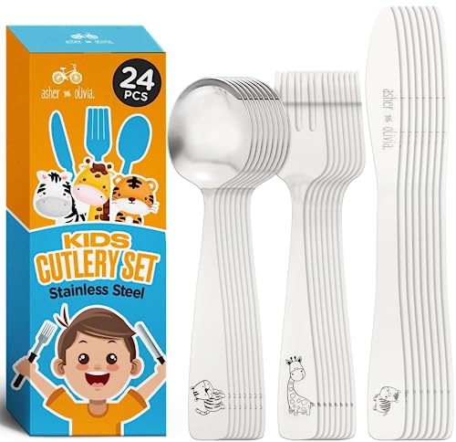 Kids and Toddler Utensils Silverware Set – 24-Piece Toddler Silverware Includes 8 Forks 8 Spoons and 8 Kid-Friendly Knives - kids Metal silverware Flatware Cutlery Set for Preschooler Baby Child