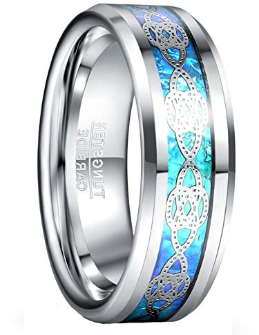 VAKKI 8mm Silver Tungsten Ring for Men Celtic Knot Wedding Rings Inlaid with Blue Opal Paper Beveled Edges Size Y
