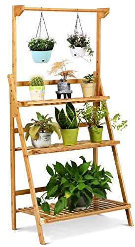 GIANTEX Pflanztreppe für Balkon, Pflanzenregal Pflanzenleiter Outdoor, Blumenregal Blumentreppe mit höhenverstellbarer Hängestange & 3 Regalböden, Blumenständer Bambus, Pflanzenhalter Hängepflanzen