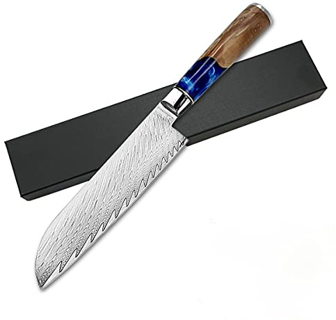 Real Damascus Steel Santouku Knife VG-10 Core Japanese Steel Kitchen Knives for Meat & Vegetable, Cooking Cutlery with Sheath