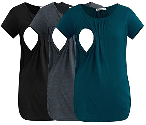 Smallshow Women's Nursing Tops Ruched Short Sleeve Breastfeeding Shirts 3-Pack Black-Deep Grey-Teal Medium