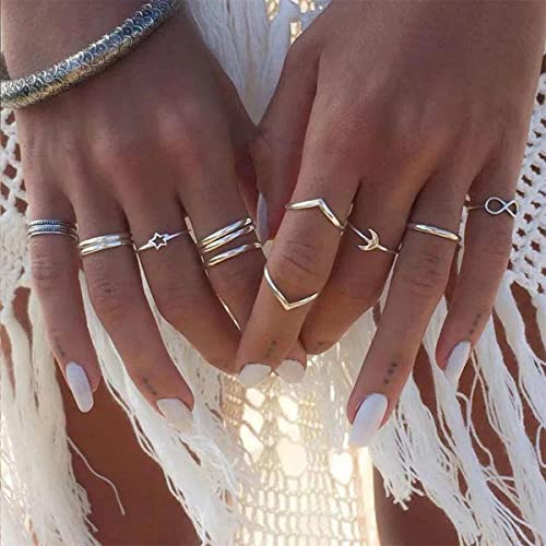 Bufenia Set di anelli per nocche Boho Stella/Luna crescente/Onda/8 Anello impilabile con articolazione in argento per donne e ragazze