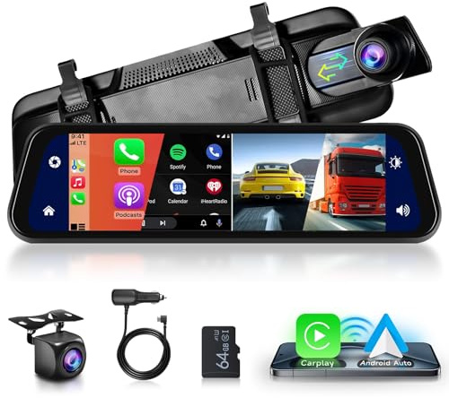 Hodozzy Espejo Dashcam Carplay inalámbrico Android Auto Coche Bluetooth 9,66 Pulgadas Pantalla Táctil Cámara Frontal Cámara Visión Trasera Impermeable Visión Nocturna WDR Cámara de Coche Retrovisor