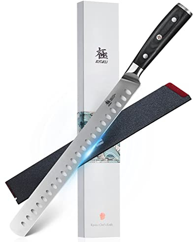 KYOKU 12 Slicing Knife, Samurai Series Brisket Knife for Meat Cutting with Pakkawood Handle, Japanese High Carbon Steel Meat Carving Knife for BBQ Brisket Turkey Ham Rib Roast Beef with Sheath & Case