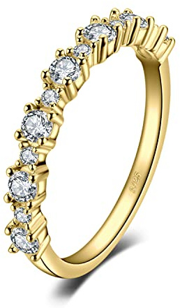 JewelryPalace Classic Cubic Zirconia Wedding Rings for Women, Half Eternity 925 Sterling Silver 14K Yellow Gold Plated Promise Ring for Her, Round Cut Simulated Diamond Anniversary Band Ring Size 7.5