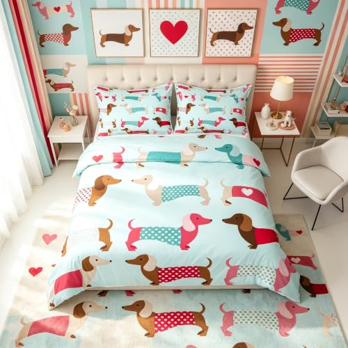 Homemissing Cartoon Dachshund Duvet Cover Sausage Dog Bedding Set for Kids Boys Girls Cartoon Dachshund Puppy Comforter Cover Kawaii Pet Bedspread Cover 2Pcs Zipper Single Size