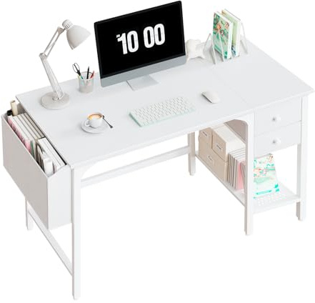 Lufeiya Schreibtisch Weiß mit Schubladen Kleiner Schreibtisch 100cm Computertisch mit Stauraum für Büro Wohnzimmer Schlafzimmer Jugendzimmer