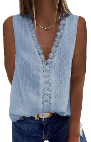Bipily Dam blus avslappnad spets V-hals elegant enfärgad, vintage, kortärmad, casual, spetsblus, C-ljusblå, XXL