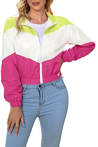 LAOARA Women's colorblock Y2k oversized windbreaker 90s 80s jackets neon windbreaker Bomber Jacket Yellow S