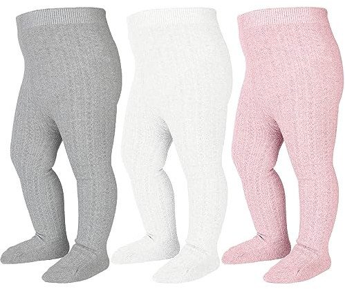 Mini angel Baby Tights 6-12 Months Cable Knit Tights 3 Pack Baby Leggings Seamless Cotton Stockings Pantyhose for Toddlers (Ivory+Grey+Pink, S)