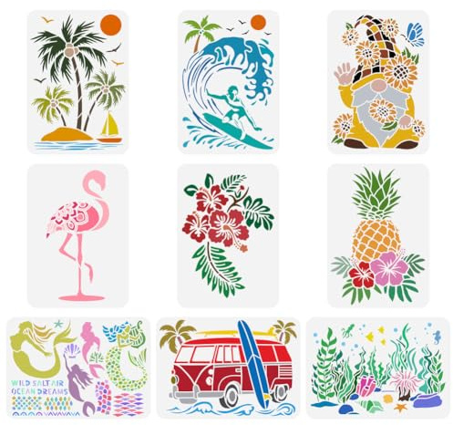 FINGERINSPIRE Flamingo, palmer, surfning, tygmallar återanvändbara målarmallar för målning på trä, vägg, tyg, möbler, 9 st