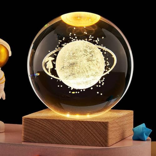 Kytpyi Veilleuse, Lampe Lune, Lampe Boule de Cristal 3D avec LED 1 Socle en Bois 1 Coffret Cadeau, Créatif Transparent Planete Veilleuse Adulte Enfants pour Cadeau Décoration Chambre (Planète)