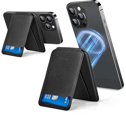 MuyDoux Tarjeteros Magnética para Cartera MagSafe, Cartera Móvil de Cuero Vegano, Soporte Ajustable para iPhone 16/15/14/13/12 Series, 3 Ranuras Tarjetas, Funda Tarjetero para MagSafe, Negro