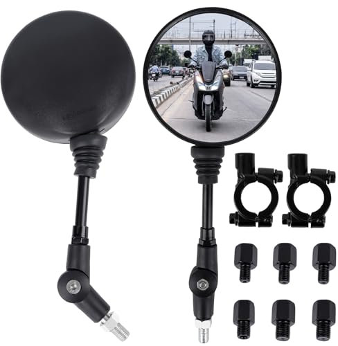 Universal Motorrad Spiegel Set, Rollerspiegel mit M8 M10 Gewinde und Lenkerklemme, Motorrad Rückspiegel 360° Drehbar, Runde Motorradspiegel für Choppers Scooter ATV Moped (Schwarz)