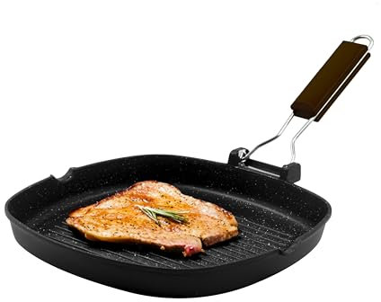 Zanetti, Grillpfanne 20 x 20 cm, Grillplatte aus Aluminium-Druckguss mit hoher Dicke, Grillplatte für Induktionsherde, klappbarer Griff