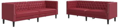 vidaXL Juego de sofás Chesterfield 2 Piezas Cuero sintético Rojo Tinto, sofá, sillón de TV, sillón de Descanso, Asiento, sofá de Relax