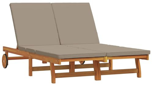 vidaXL Lettino Sole Regolabile Beige per 2 con Schienale Multiposizione in Legno Massello di Acacia e Cuscini Impermeabili per Giardino, Patio e Mobili da Balcone, Soluzione Confortevole per Sede Est