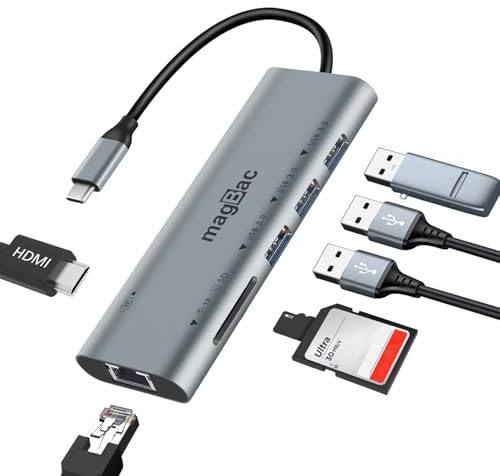 MagBac Laptop Docking Station 7-in-1 USB Hub with 4K@30Hz HDMI Display Port, 3 USB A 3.0 Data Ports, SD/TF Card Slot, Gigabit Ethernet for MacBook Pro/Air, HP, Dell, Lenovo, Surface, Windows Laptop