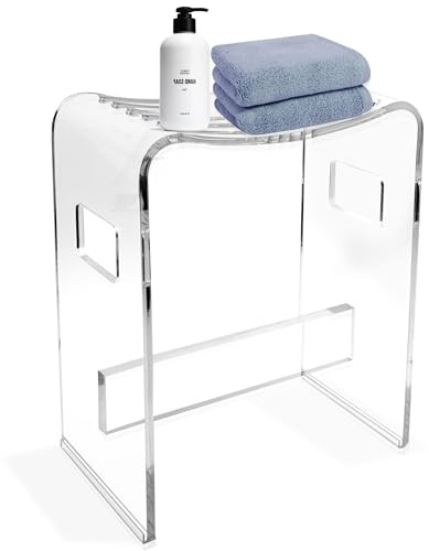 StarK Duschhocker,Duschstuhl aus klarem Acryl - 43 cm hoch - belastbar bis 120 kg - U-Form mit Ablauf-Schlitzen - rutschfest & rostfrei - transparenter Badhocker für die Dusche