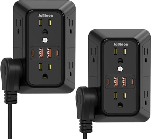Surge Protector Outlet Extender, 6 Outlet Extender with 4 USB Charging Ports (2 USB C), 3 Sided Multi Plug Wall Adapter for Home, Office, Travel-2 Pack,Black