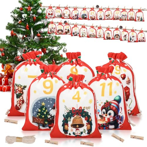 Calendario de Adviento Tela para Rellenar 2026, 2 Tamaños Vacio Adviento Rellenable, Reutilizable DIY Calendario Bolsas Bolsitas Saquitos 2026 para Niños Niña Mujer Hombre Adultos