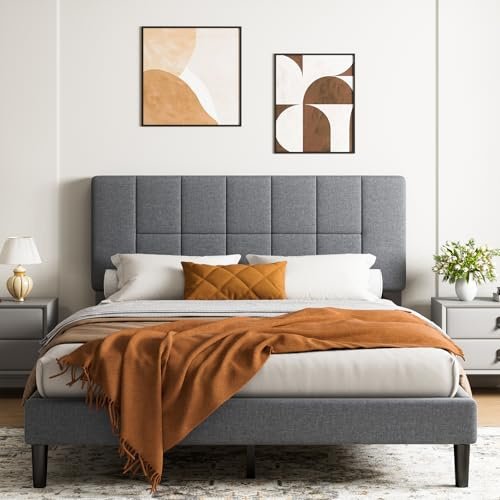Marsail Full Size Bed Frame with Headboard, Sturdy and Durable with 12 Support Legs, 1300 lbs Capacity, Solid Wooden Upholstered Adjustable Headboard for 6-12 Mattresses, Easy Assembly,Dark Gray