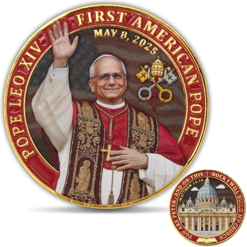 Pope Leo XIV Challenge Coin – First American Pope 2025 Medallion with St. Peter’s Basilica Design – Zinc Alloy Collector’s Coin with Clear Acrylic Protective Case