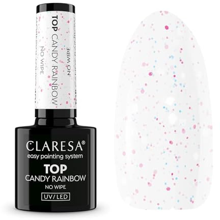Claresa Top Candy Rainbow No Wipe 5 g – Capa superior transparente UV/LED con efecto de confeti pastel | no requiere limpieza | Decoración de uñas de verano con partículas de colores