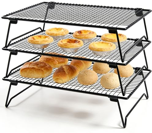 Demlaka Griglia di raffreddamento a 3 livelli: 43 × 28 × 8 cm griglia refrigerante per torta, griglia pieghevole per il raffreddamento della torta, accessori per la cottura multiuso, per arrostire e